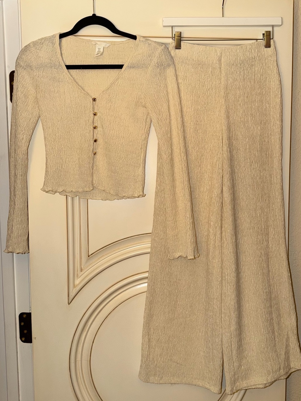 H&M Cream Ribbed Button-Front Knit Top and Wide-Leg Pants Set